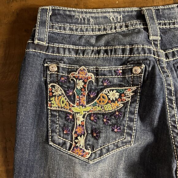 MISS ME WOMENS JEANS SZ 28 MID RISE BOOTCUT JP5727B5 LOVE PEACE DISTRESSED - Picture 4 of 10